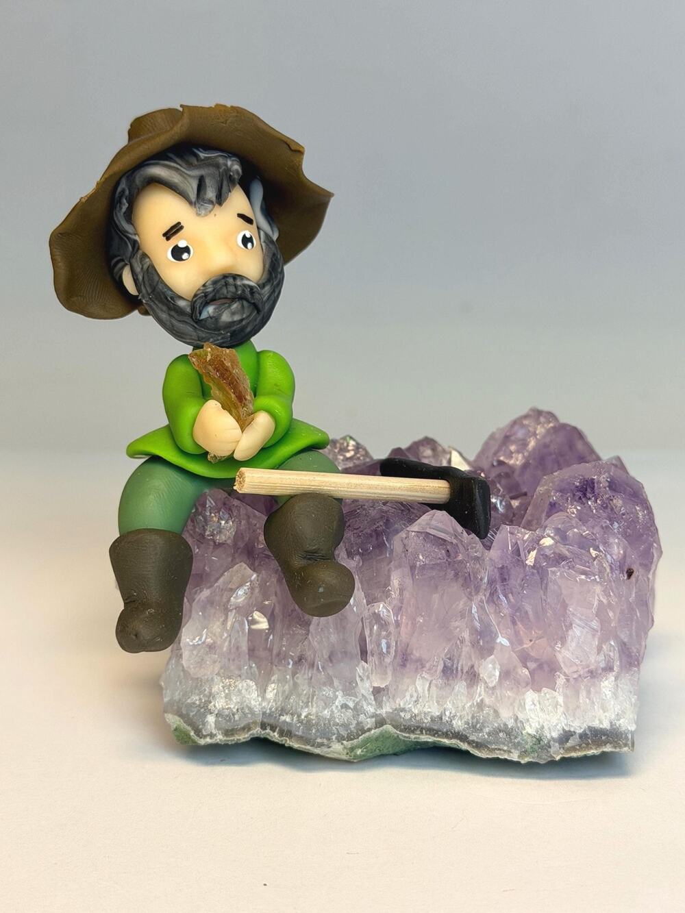 Fishing Man Figurine on Rough Amethyst Crystal | Statue | Humorous